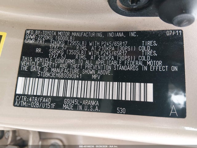 Aukcja sprzedaży 2011 Toyota Highlander Base V6, vin: 5TDBK3EH6BS090841, numer aukcji: 45166236