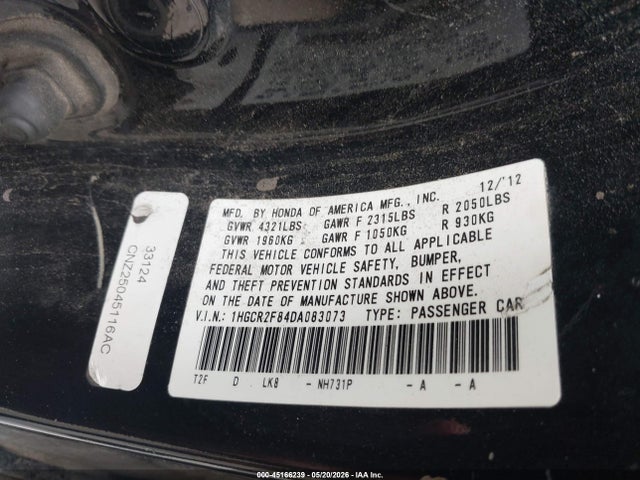 Aukcja sprzedaży 2013 Honda Accord Ex-l, vin: 1HGCR2F84DA083073, numer aukcji: 45166239