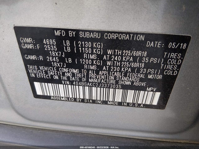 2018 Subaru Outback 2.5i Limited მანქანა იყიდება აუქციონზე, vin: 4S4BSAKC2J3373035, აუქციონის ნომერი: 45166245