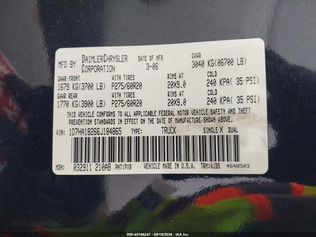 Aukcja sprzedaży 2006 Dodge Ram 1500 Slt, vin: 1D7HA18266J184865, numer aukcji: 45166247