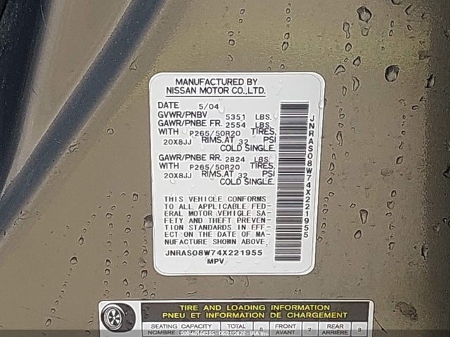 Aukcja sprzedaży 2004 Infiniti Fx35, vin: JNRAS08W74X221955, numer aukcji: 45166255