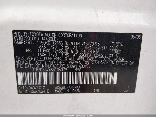 2008 Toyota Rav4 მანქანა იყიდება აუქციონზე, vin: JTMZD33V485106079, აუქციონის ნომერი: 45166256