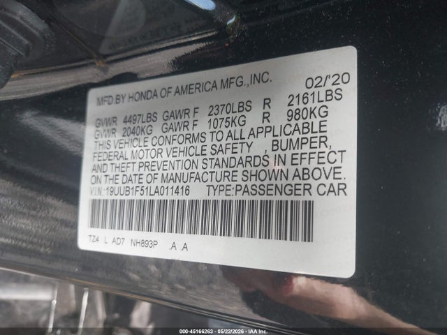 2020 Acura Tlx Tech Package მანქანა იყიდება აუქციონზე, vin: 19UUB1F51LA011416, აუქციონის ნომერი: 45166263