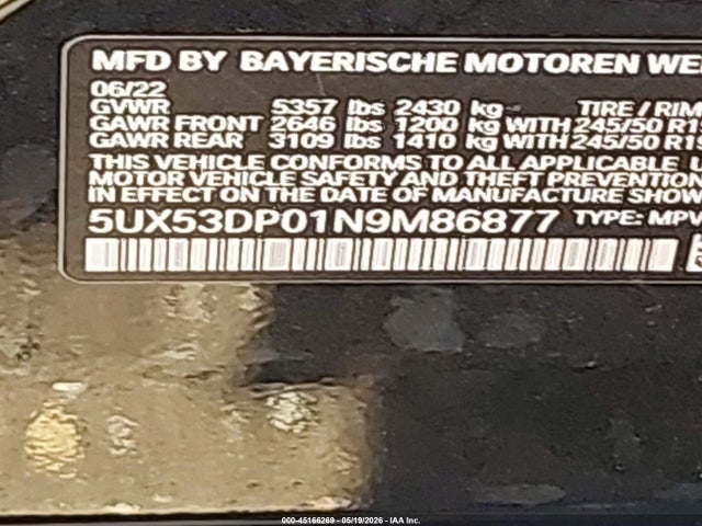 Aukcja sprzedaży 2022 Bmw X3 Xdrive30i, vin: 5UX53DP01N9M86877, numer aukcji: 45166269