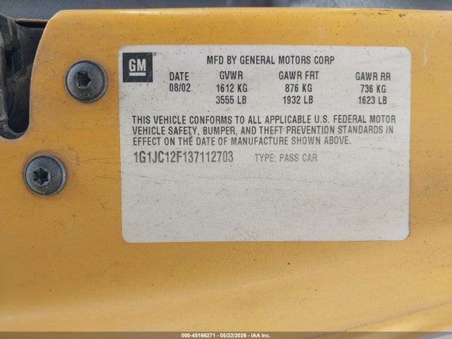 Aukcja sprzedaży 2003 Chevrolet Cavalier, vin: 1G1JC12F137112703, numer aukcji: 45166271