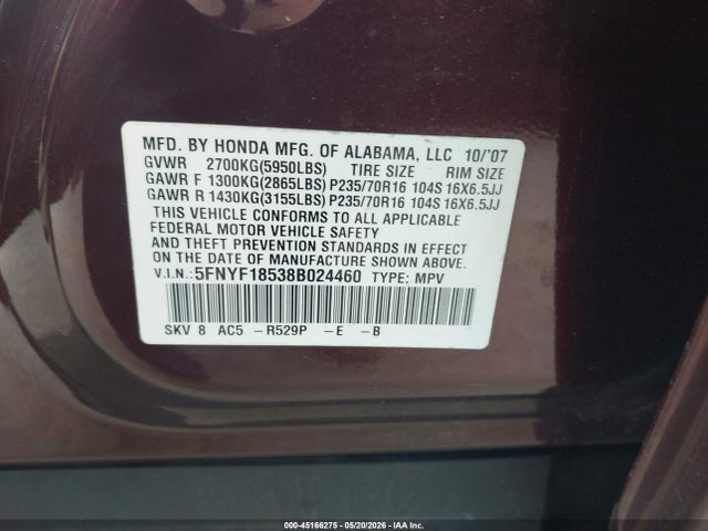 2008 Honda Pilot Ex-l მანქანა იყიდება აუქციონზე, vin: 5FNYF18538B024460, აუქციონის ნომერი: 45166275