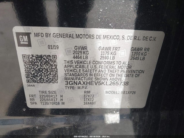 2019 Chevrolet Equinox Ls მანქანა იყიდება აუქციონზე, vin: 3GNAXHEV5KL265738, აუქციონის ნომერი: 45166282