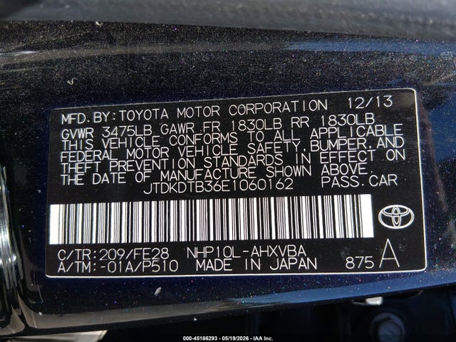 Продаж на аукціоні авто 2014 Toyota Prius C One, vin: JTDKDTB36E1060162, номер лоту: 45166293