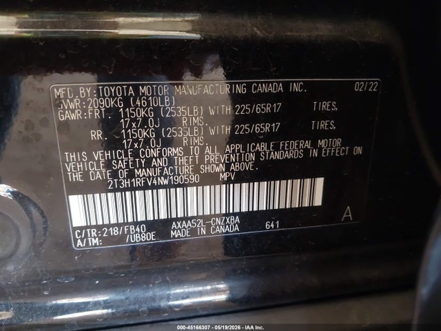 Aukcja sprzedaży 2022 Toyota Rav4 Le, vin: 2T3H1RFV4NW190590, numer aukcji: 45166307
