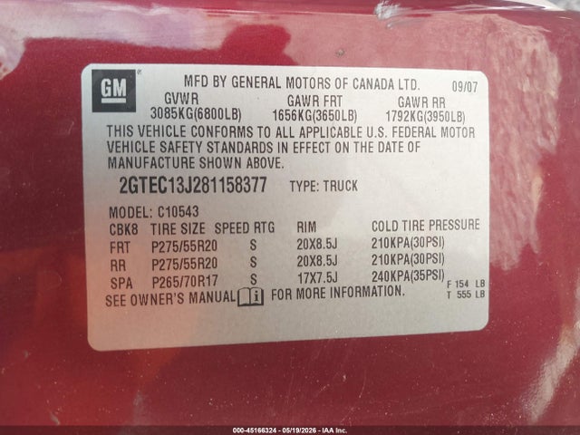Aukcja sprzedaży 2008 Gmc Sierra 1500 Sle1, vin: 2GTEC13J281158377, numer aukcji: 45166324