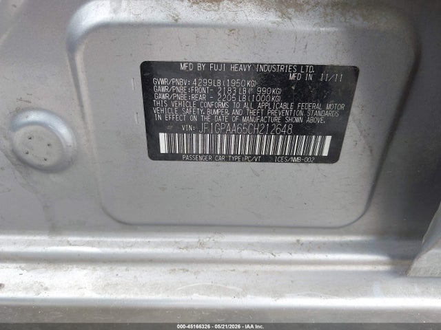 Aukcja sprzedaży 2012 Subaru Impreza 2.0i, vin: JF1GPAA65CH212648, numer aukcji: 45166326