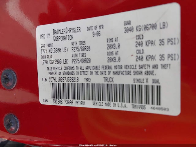 Продаж на аукціоні авто 2007 Dodge Ram 1500 Slt/trx4 Off Road/sport, vin: 1D7HU18267J539218, номер лоту: 45166330