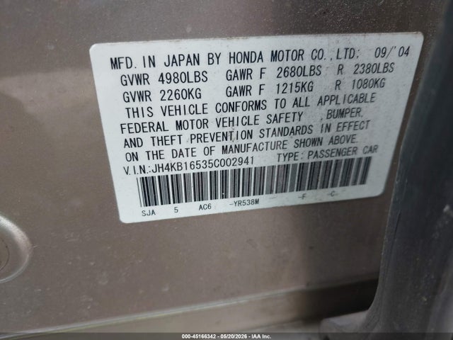 Aukcja sprzedaży 2005 Acura Rl 3.5, vin: JH4KB16535C002941, numer aukcji: 45166342