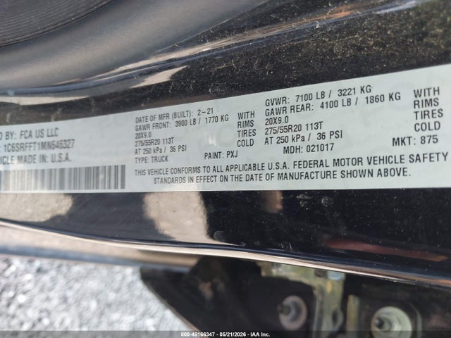 Продаж на аукціоні авто 2021 Ram 1500 Big Horn  4x4 5'7 Box, vin: 1C6SRFFT1MN646327, номер лоту: 45166347