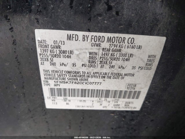 45166358 :رقم المزاد ، 1FM5K7F82DGC07777 vin ، 2013 Ford Explorer Limited مزاد بيع