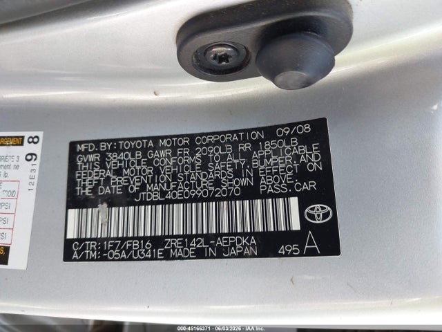 45166371 :رقم المزاد ، JTDBL40E099072070 vin ، 2009 Toyota Corolla Le مزاد بيع