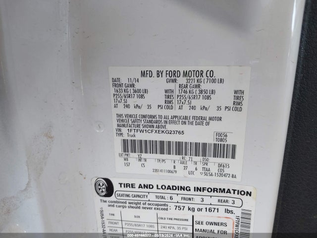 45166377 :رقم المزاد ، 1FTFW1CFXEKG23765 vin ، 2014 Ford F-150 Xl مزاد بيع