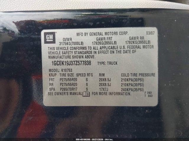 Продажа на аукционе авто 2007 Chevrolet Silverado 1500 Ltz, vin: 1GCEK19J37Z577838, номер лота: 45166399