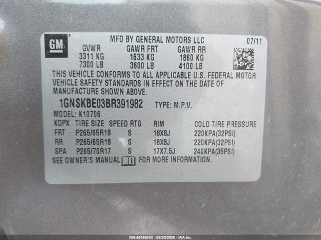 45166402 :رقم المزاد ، 1GNSKBE03BR391982 vin ، 2011 Chevrolet Tahoe Lt مزاد بيع