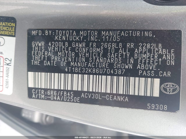 Aukcja sprzedaży 2006 Toyota Camry Le, vin: 4T1BE32K86U704387, numer aukcji: 45166421