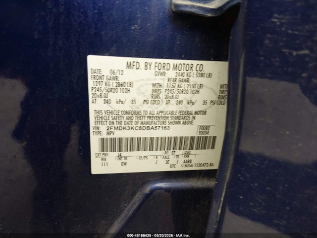 2013 Ford Edge Limited მანქანა იყიდება აუქციონზე, vin: 2FMDK3KC8DBA57163, აუქციონის ნომერი: 45166435