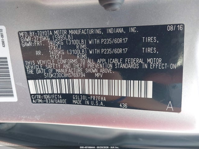 Продаж на аукціоні авто 2017 Toyota Sienna Le 8 Passenger, vin: 5TDKZ3DC8HS769794, номер лоту: 45166444