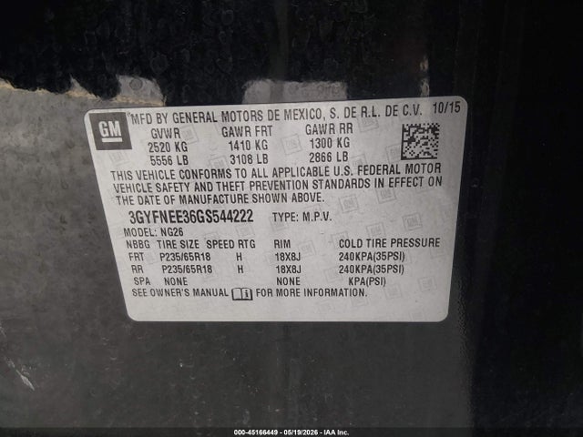 45166449 :رقم المزاد ، 3GYFNEE36GS544222 vin ، 2016 Cadillac Srx Luxury Collection مزاد بيع