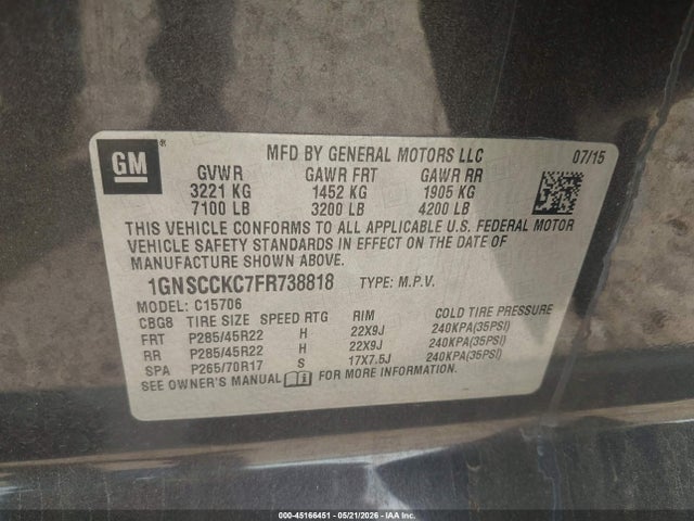 Продаж на аукціоні авто 2015 Chevrolet Tahoe Ltz, vin: 1GNSCCKC7FR738818, номер лоту: 45166451