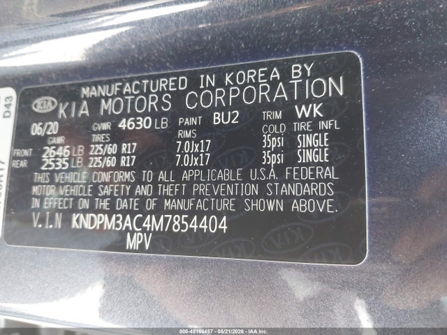 2021 Kia Sportage Lx მანქანა იყიდება აუქციონზე, vin: KNDPM3AC4M7854404, აუქციონის ნომერი: 45166457