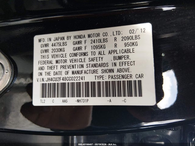45166487 :رقم المزاد ، JH4CU2F48CC022241 vin ، 2012 Acura Tsx 2.4 مزاد بيع