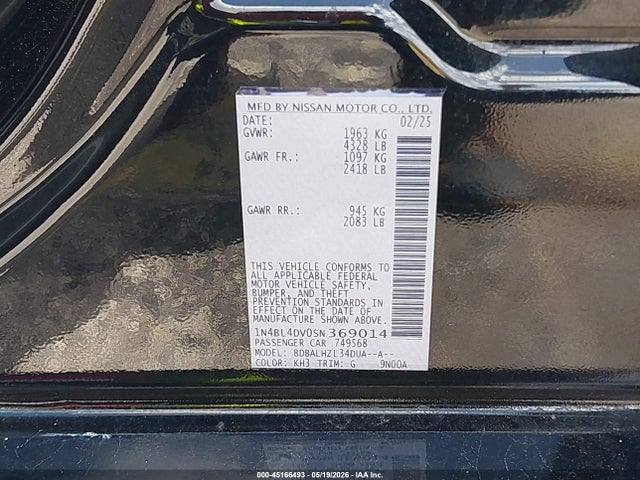 Продажа на аукционе авто 2025 Nissan Altima Sv Fwd, vin: 1N4BL4DV0SN369014, номер лота: 45166493