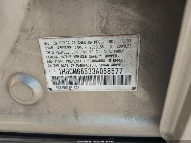 2003 Honda Accord 3.0 Ex მანქანა იყიდება აუქციონზე, vin: 1HGCM66533A058577, აუქციონის ნომერი: 45166499