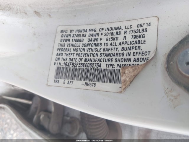 2014 Honda Civic Lx მანქანა იყიდება აუქციონზე, vin: 19XFB2F55EE062754, აუქციონის ნომერი: 45166510