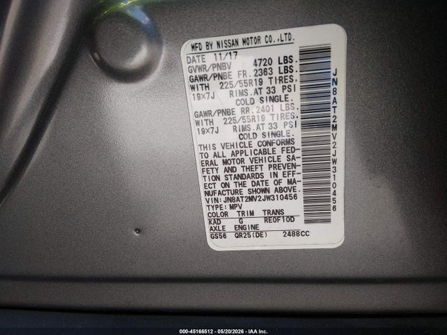 Продажа на аукционе авто 2018 Nissan Rogue Sl, vin: JN8AT2MV2JW310456, номер лота: 45166512