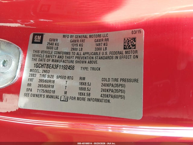 45166514 :رقم المزاد ، 1GCHTBEA3F1192458 vin ، 2015 Chevrolet Colorado Lt مزاد بيع