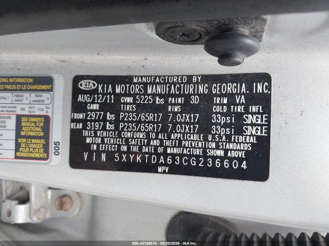 Продаж на аукціоні авто 2012 Kia Sorento Lx, vin: 5XYKTDA63CG236604, номер лоту: 45166516