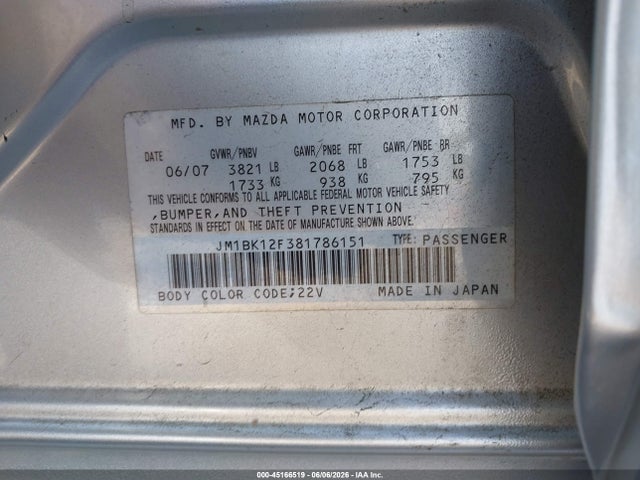 2008 Mazda Mazda3 I მანქანა იყიდება აუქციონზე, vin: JM1BK12F381786151, აუქციონის ნომერი: 45166519