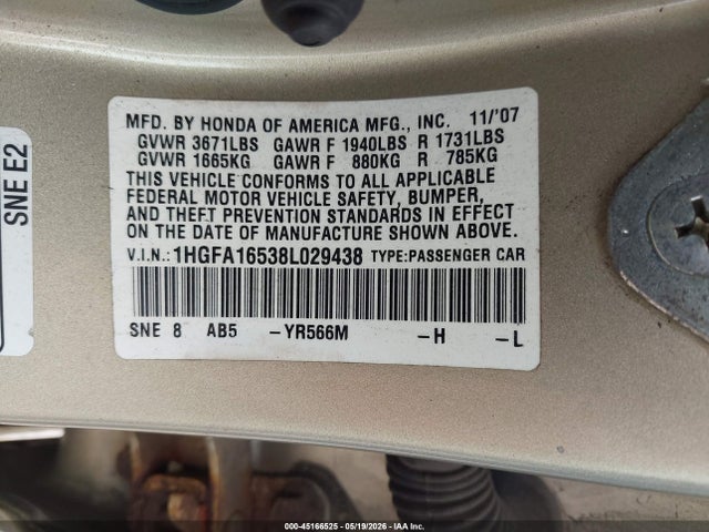 2008 Honda Civic Lx მანქანა იყიდება აუქციონზე, vin: 1HGFA16538L029438, აუქციონის ნომერი: 45166525