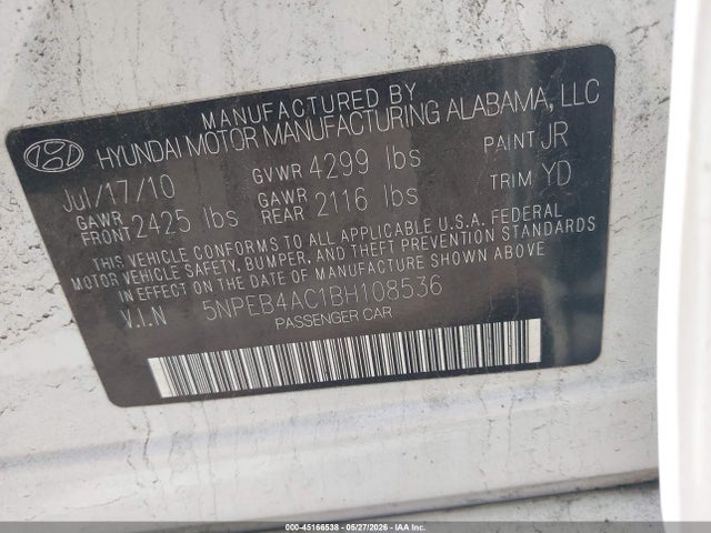 Продаж на аукціоні авто 2011 Hyundai Sonata Gls, vin: 5NPEB4AC1BH108536, номер лоту: 45166538