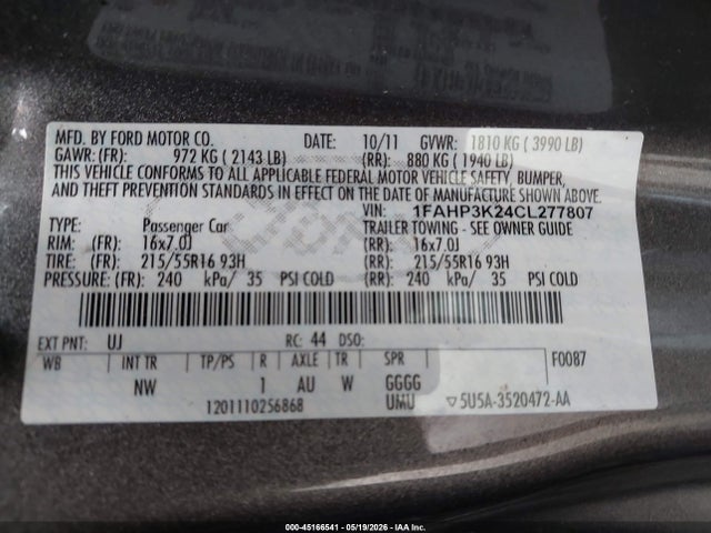 45166541 :رقم المزاد ، 1FAHP3K24CL277807 vin ، 2012 Ford Focus Se مزاد بيع