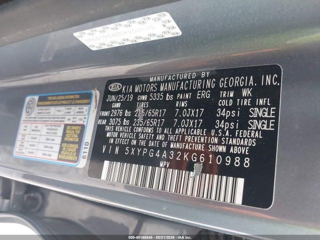 Aukcja sprzedaży 2019 Kia Sorento 2.4l L, vin: 5XYPG4A32KG610988, numer aukcji: 45166545