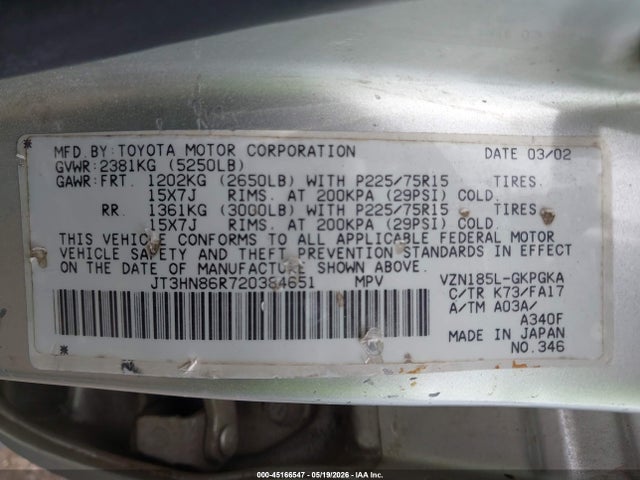 45166547 :رقم المزاد ، JT3HN86R720384651 vin ، 2002 Toyota 4runner Sr5 V6 مزاد بيع