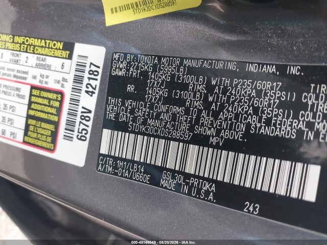 Aukcja sprzedaży 2013 Toyota Sienna Xle V6 8 Passenger, vin: 5TDYK3DCXDS288597, numer aukcji: 45166549