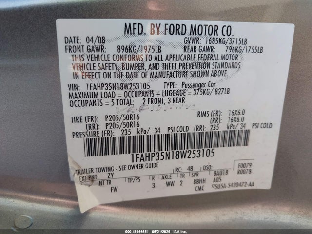 Продаж на аукціоні авто 2008 Ford Focus Se/ses, vin: 1FAHP35N18W253105, номер лоту: 45166551