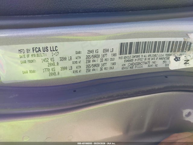 45166555 :رقم المزاد ، 1C4RDHDG8HC774475 vin ، 2017 Dodge Durango Gt Rwd مزاد بيع