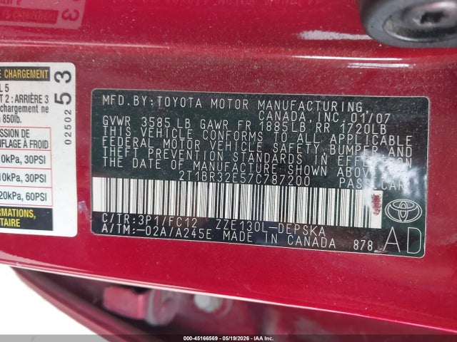 45166569 :رقم المزاد ، 2T1BR32E57C787200 vin ، 2007 Toyota Corolla S مزاد بيع