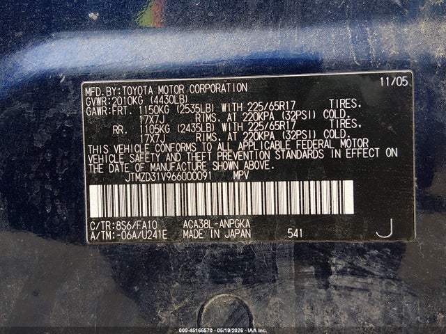 45166570 :رقم المزاد ، JTMZD31V966000091 vin ، 2006 Toyota Rav4 Limited مزاد بيع