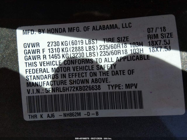 Aukcja sprzedaży 2019 Honda Odyssey Ex-l, vin: 5FNRL6H72KB026638, numer aukcji: 45166575