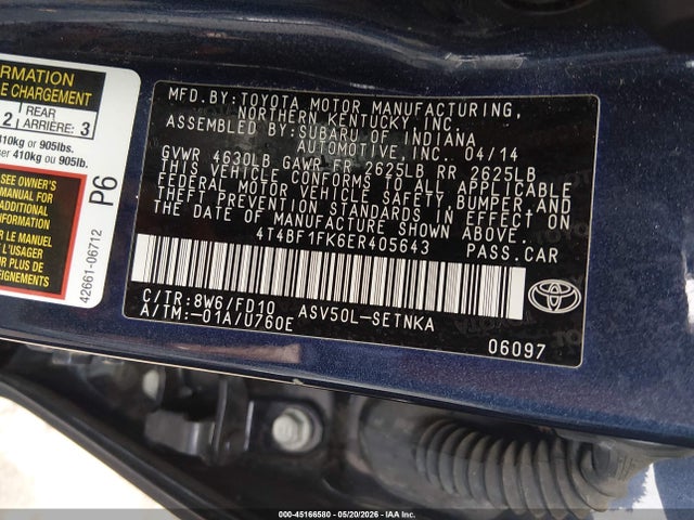 2014 Toyota Camry Le მანქანა იყიდება აუქციონზე, vin: 4T4BF1FK6ER405643, აუქციონის ნომერი: 45166580