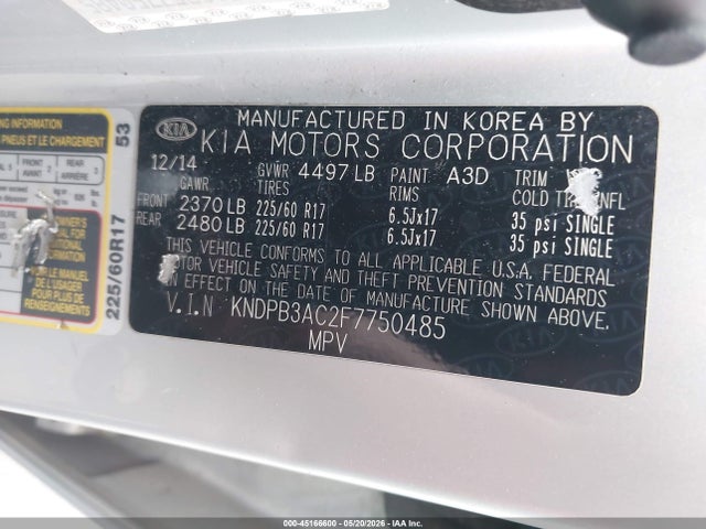 2015 Kia Sportage Lx მანქანა იყიდება აუქციონზე, vin: KNDPB3AC2F7750485, აუქციონის ნომერი: 45166600
